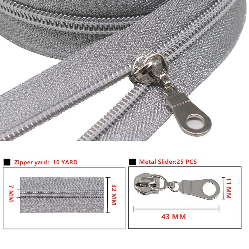 MebuZip #5 سحابات لفائف النايلون الفضية المعدنية من The Yard Bulk Coil Zipper Roll 10 ياردات مع 25 قطعة سحب لحقائب الخياطة اليدوية (شريط فضي) - Image 5